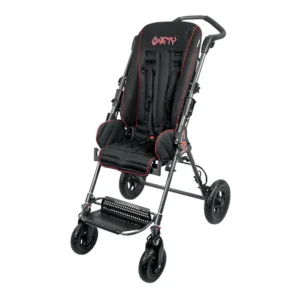 Black and red jogging stroller with padded high-back seat and a five-point harness, on four wheels.