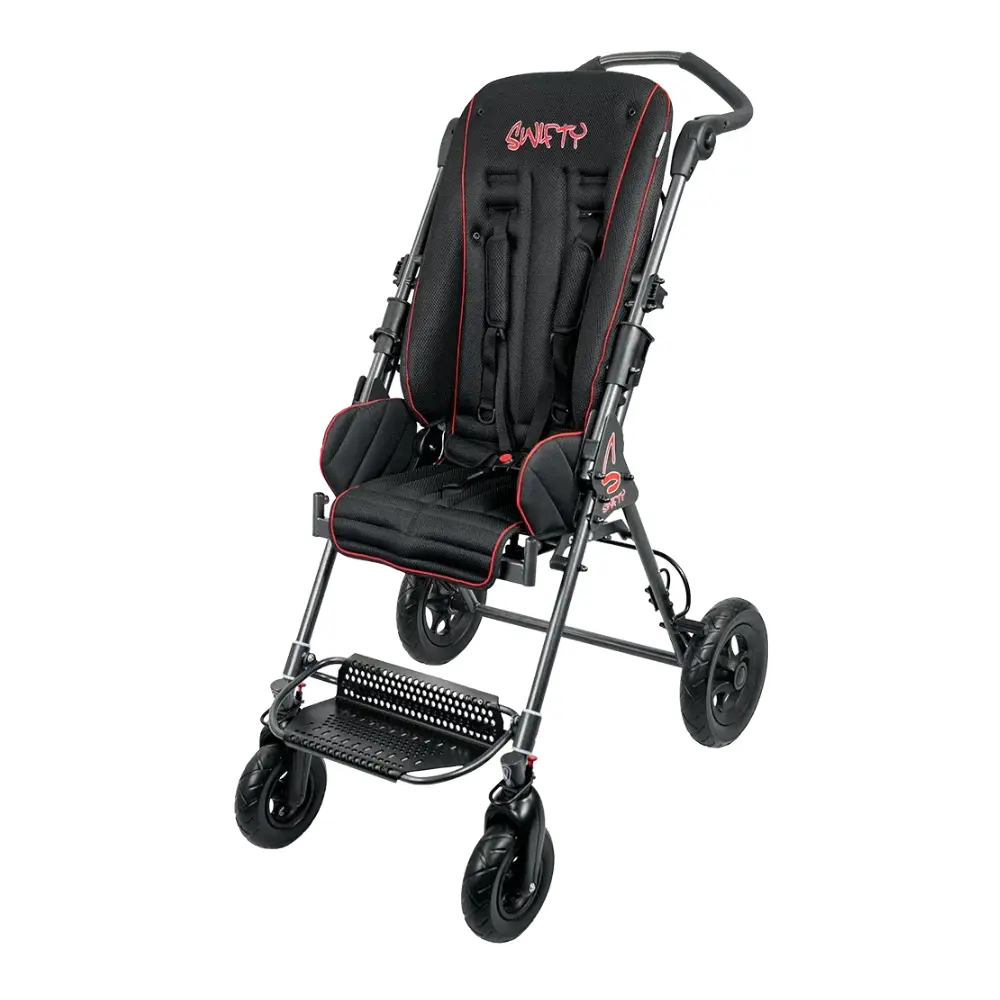Swifty - O Neill Healthcare Black and red jogging stroller with padded high-back seat and a five-point harness, on four wheels.