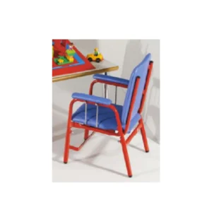 Child-sized red and blue chairs around a small table with toy cars and blocks on top of the table.