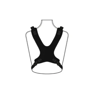 Black back posture corrector with a wide central panel and adjustable shoulder straps forming a Y shape, featuring side buckles.