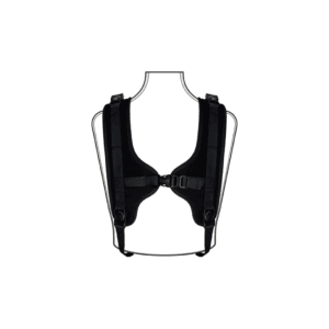 Back view of a black ergonomic harness with padded shoulder straps and center fastener, attached to a thin metal frame for support