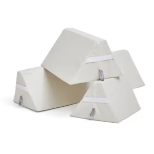 Set of white pyramid-shaped storage boxes stacked together with small hanging tags and white straps.