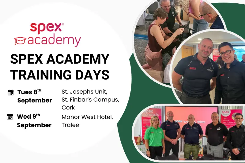 SPEX Academy Training Days poster: dates and venues—Tue 8th Sep, St. Josephs Unit, St. Finbar’s Campus, Cork; Wed 9th Sep, Manor West Hotel, Tralee—with a right-side collage of trainees and instructors.