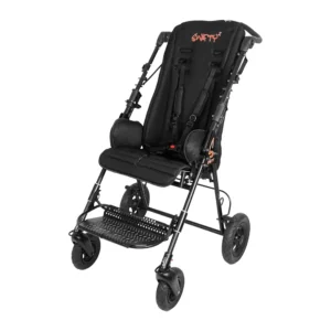 Padded black four‑wheel stroller with harness and footrest, designed for mobility assistance