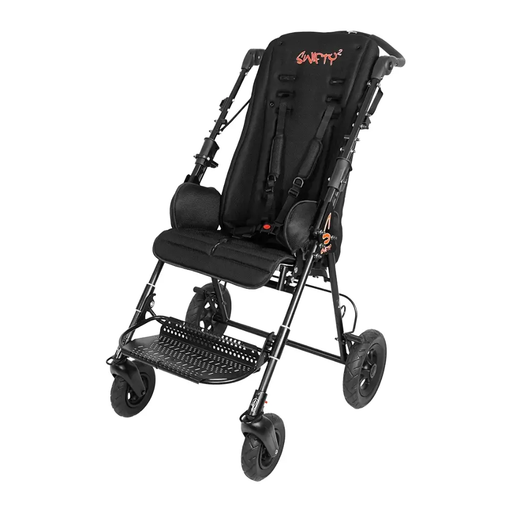 Swifty 21 - O Neill Healthcare Padded black four‑wheel stroller with harness and footrest, designed for mobility assistance