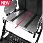 New adjustable sliding footboard on a wheelchair, with red arrows showing forward/backward extension and a NEW badge in the corner