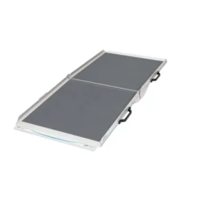 Foldable two-panel solar panel in a white frame with side handles