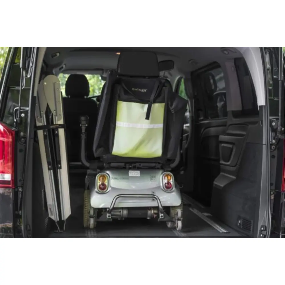 Aerolight Broadfold 3 - O Neill Healthcare Rear of a van loaded with a mobility scooter secured in the cargo area