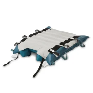 Blue and white patient immobilization pad with multiple black straps for securing a person during transport