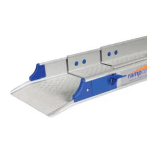 Portable metal ramp with blue safety edges and perforated, non-slip surface used for loading or wheelchair access.