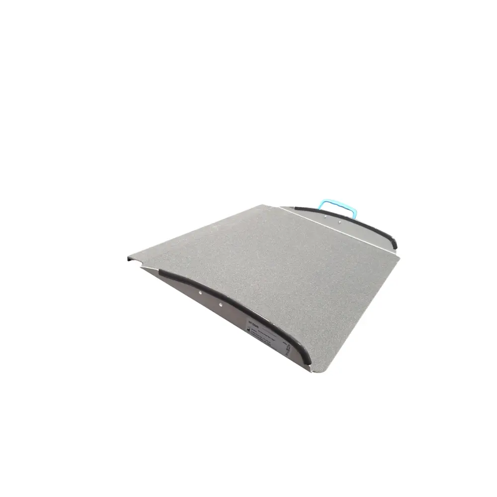 Aerolight Up Over 2 - O Neill Healthcare Portable grey metal ramp with a blue carrying handle and black end guards, viewed from an angled side, resembling a small loading ramp.
