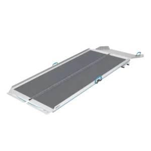 Treadmill with a gray belt and white frame, blue safety handles, viewed from an angled top view
