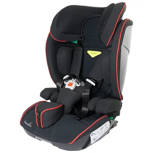 Axkid NEXTKID Reha 1 - O Neill Healthcare Black child car seat with red piping and a padded five-point harness for secure seating.