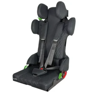 Black child car seat with four harness straps and padded head/torso supports for secure seating in a vehicle