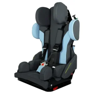 Gray child car seat with blue padding and a five-point harness for secure seating