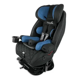 Blue and black convertible child car seat with five-point harness, head support, and a built-in cup holder.